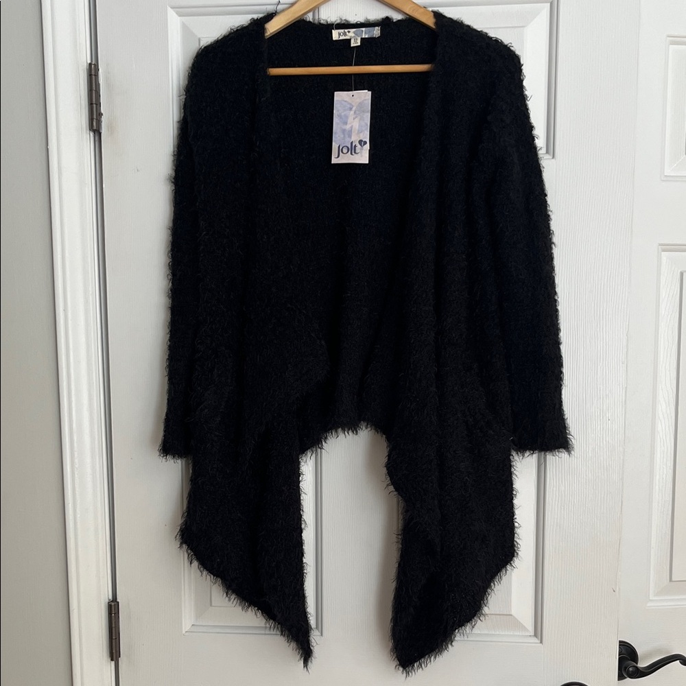 Jolie NWT Elegant Black Fuzzy Cozy Open Front Waterfall Cardigan Pockets